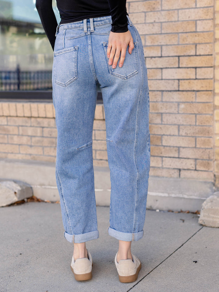 cuffed medium wash barrel denim