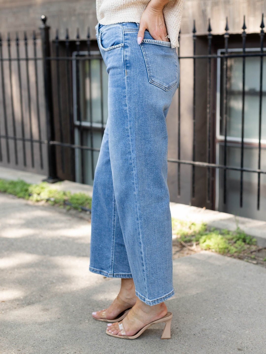 embroidered detail crop denim