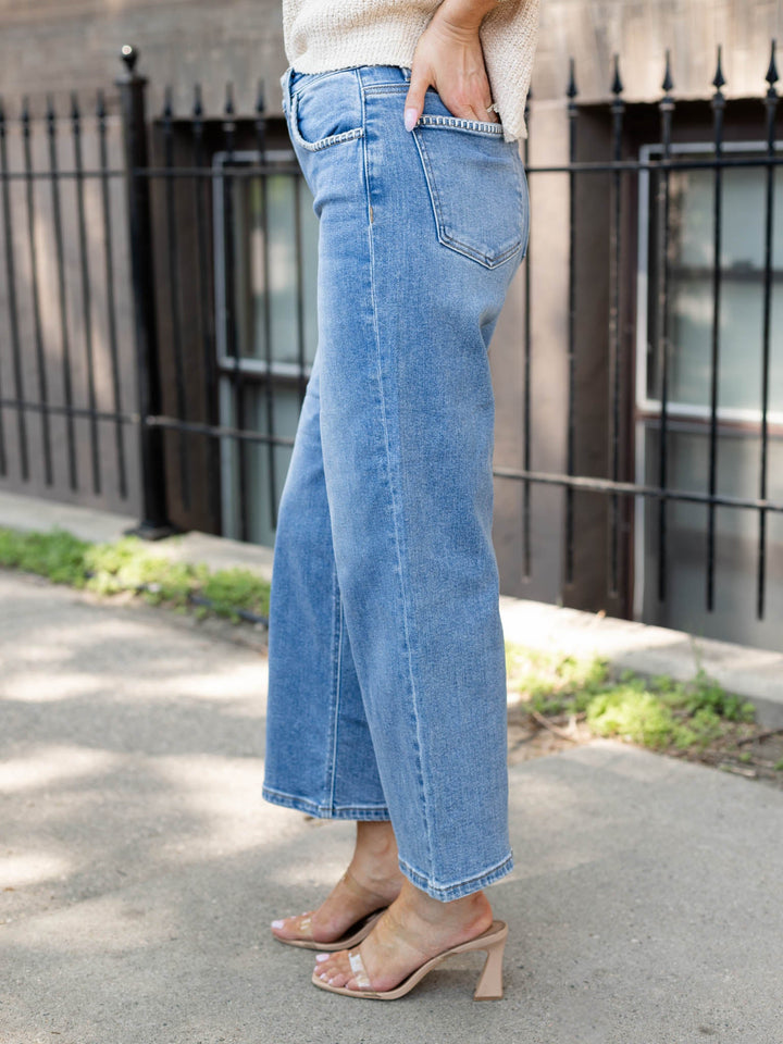 embroidered detail crop denim