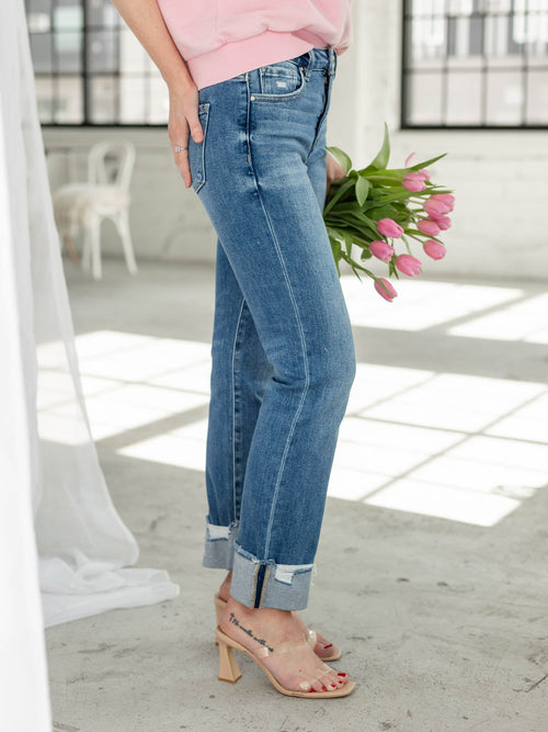 cuffed distressed shredded medium denim