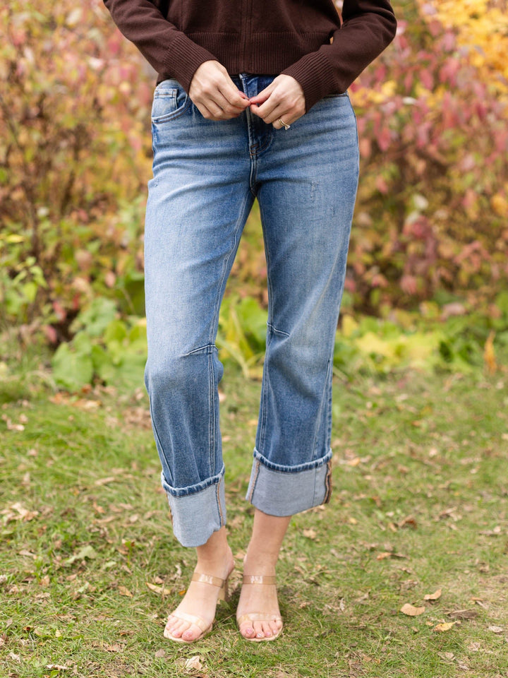 RISEN Medium High Rise Straight Cuffed Hem Jeans