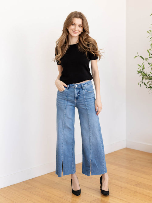 front slit wide leg cropped denim