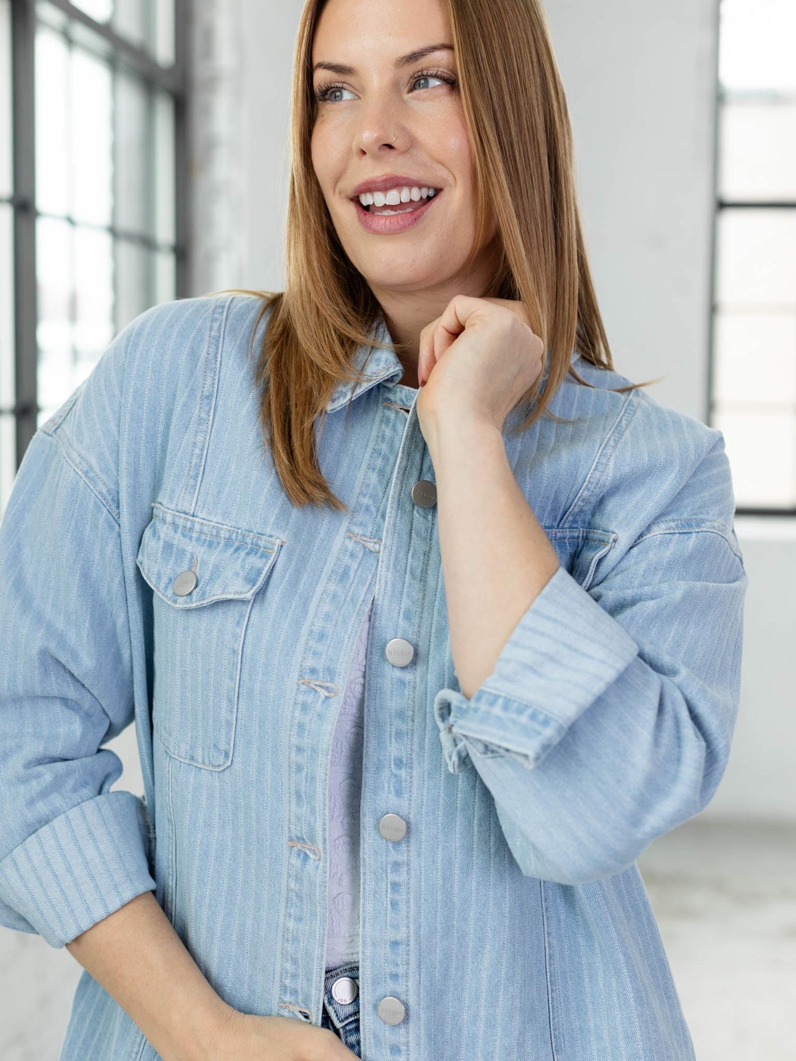 RISEN Oversized Stripe Denim Jacket | Long Length | Leela and Lavender