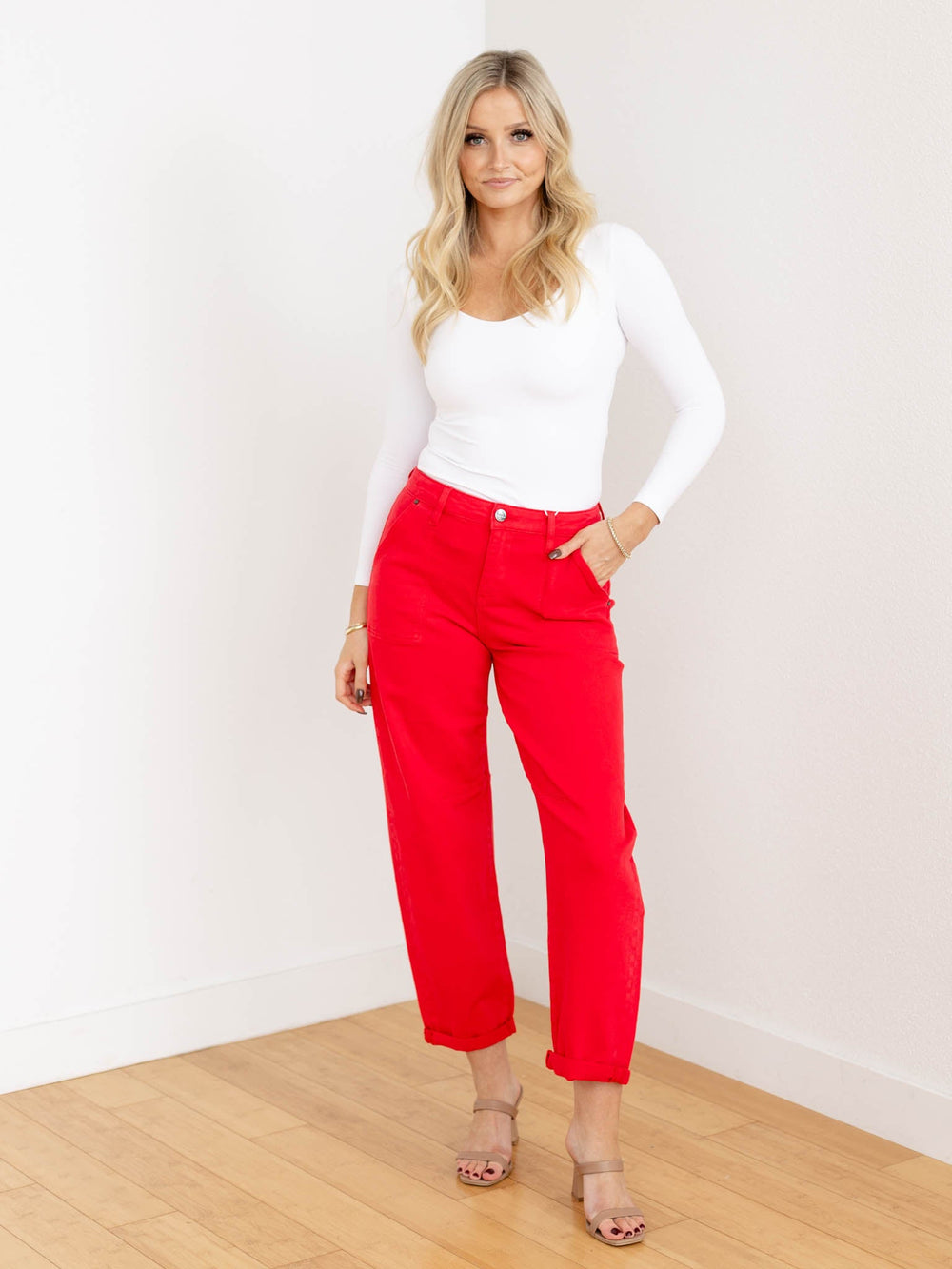 red barrel cuffed denim jeans