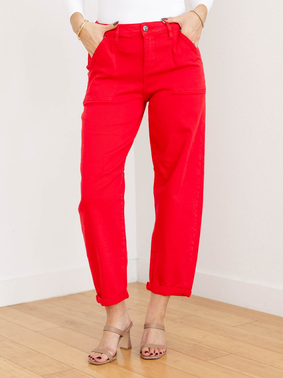 red barrel cuffed denim jeans