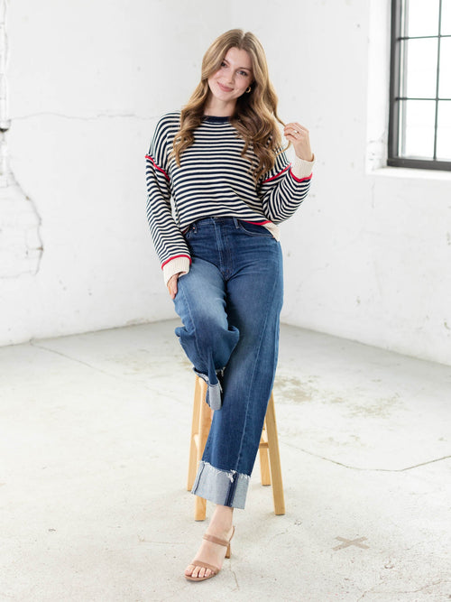 stripe boxy drop sleeve sweater
