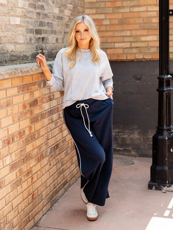 blue wide stripe roll waist wide leg