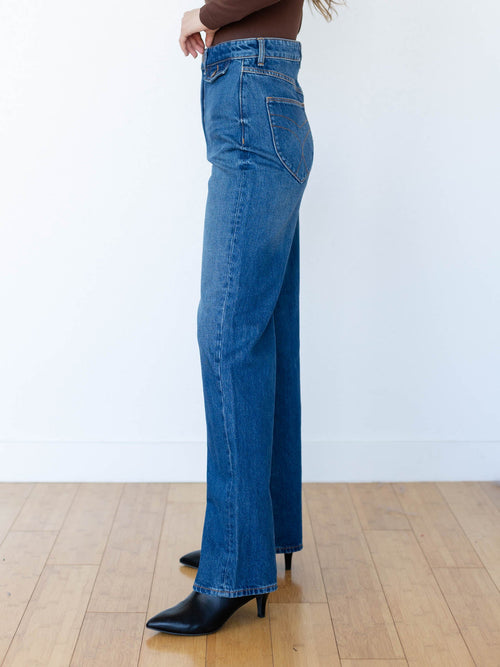 medium wash contrast stitch high rise straight denim