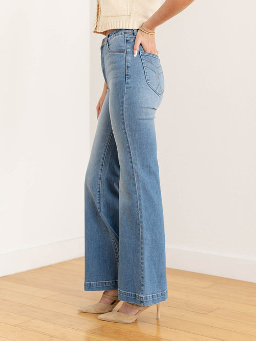 flared medium wash vintage denim