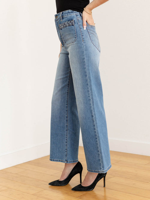 braided pocket medium wash wide leg denim