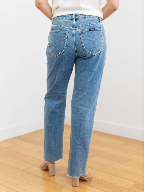 studded side straight medium wash denim