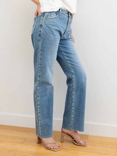 studded side straight medium wash denim