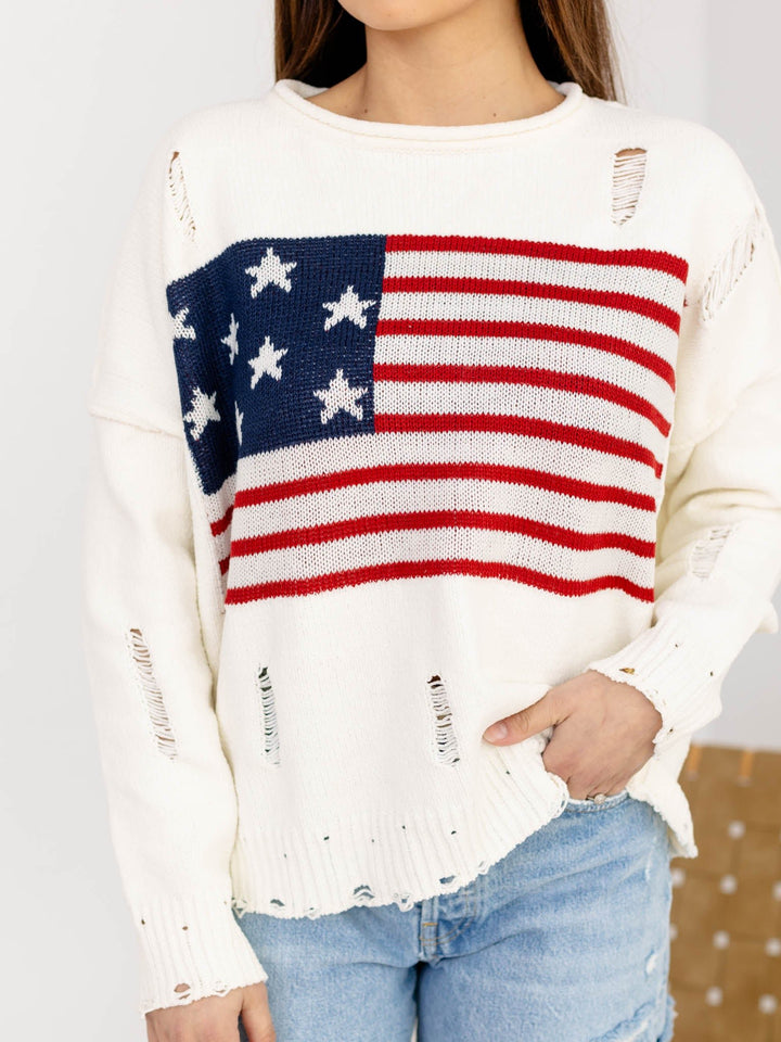 Round Neck Distressed US Flag SweaterSweaters