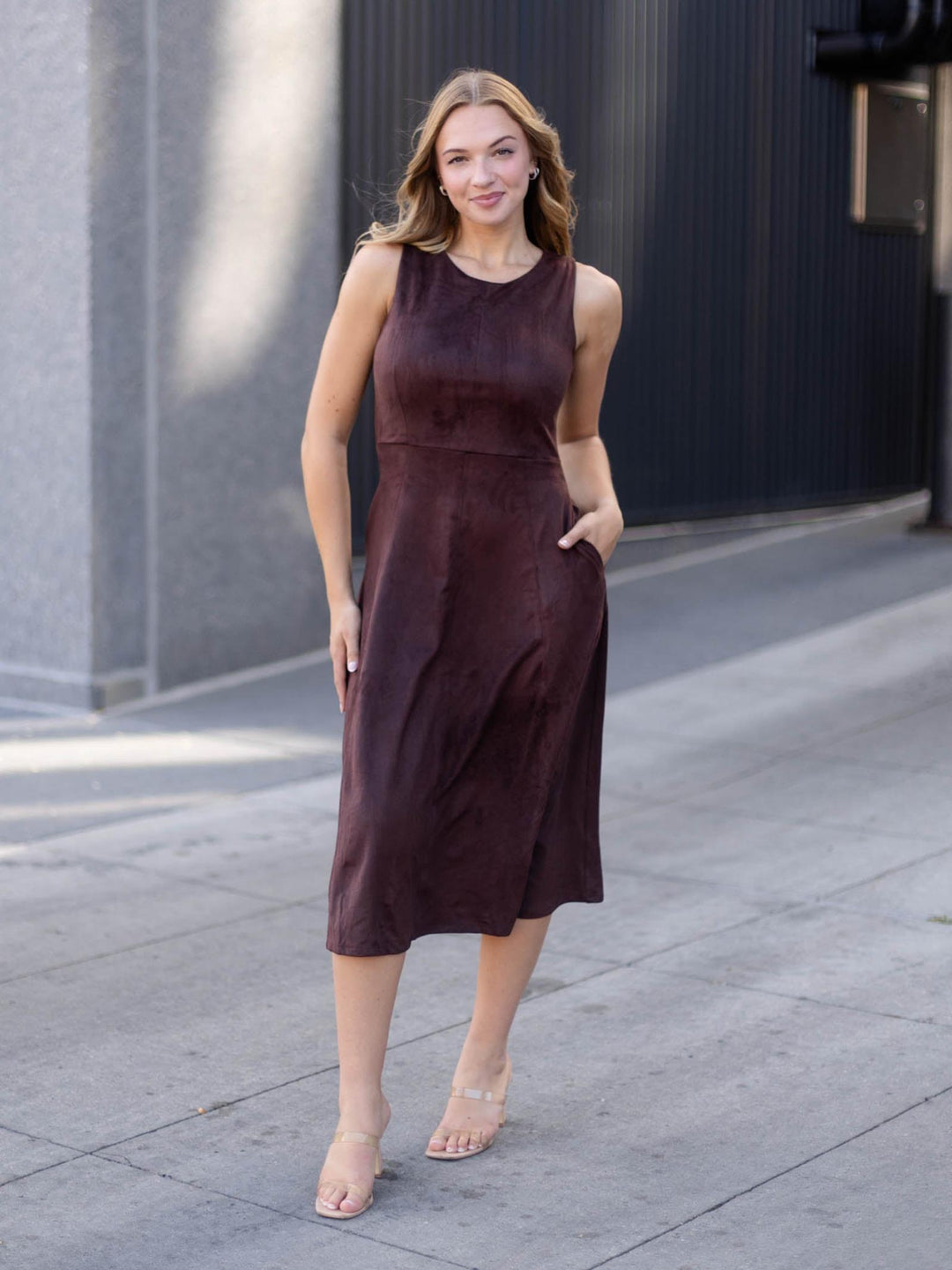 Round Neck Faux Suede Midi Dress