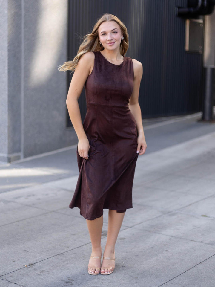 Round Neck Faux Suede Midi Dress