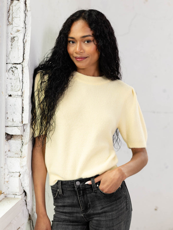 light yellow fuzzy short sleeve sweater