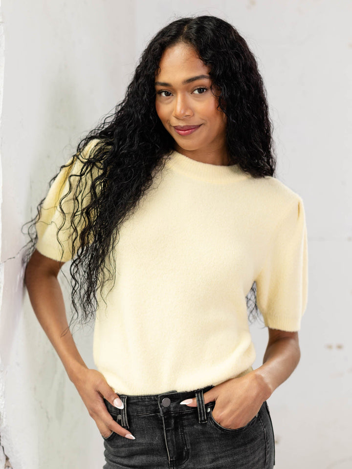 light yellow fuzzy short sleeve sweater