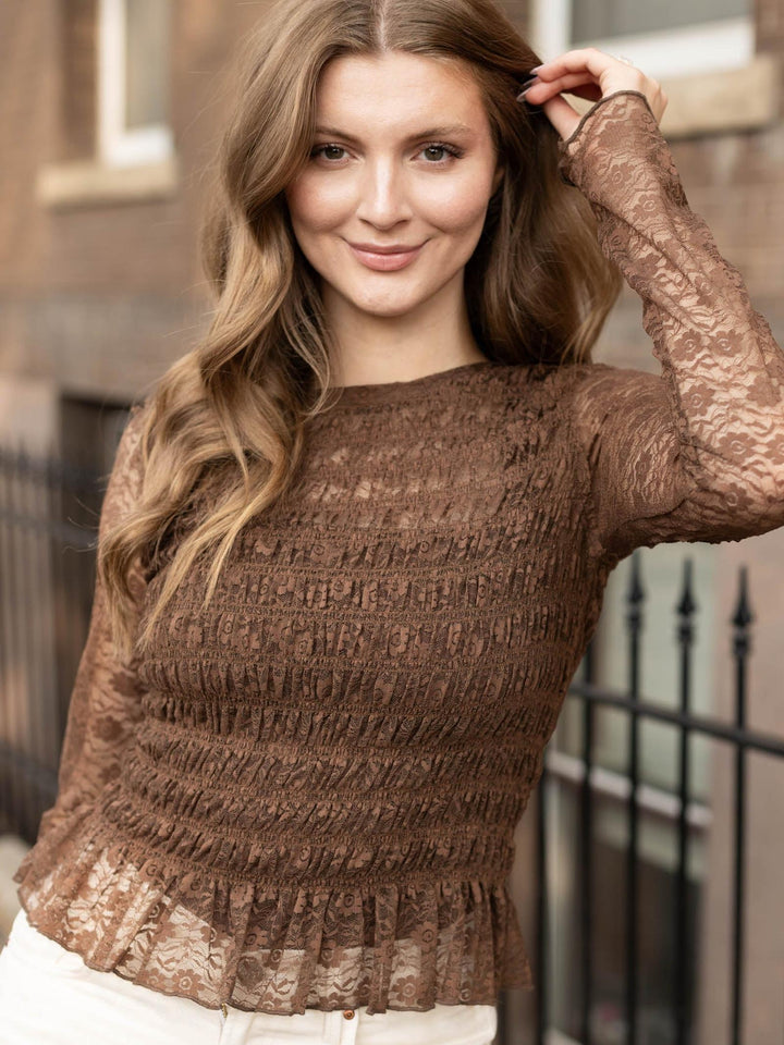 Round Neck Smocked Bodice Long Sleeve Lace Top