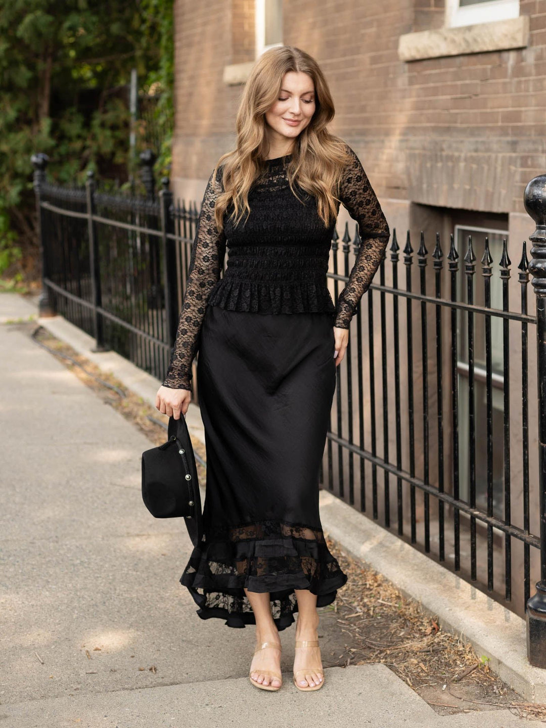Round Neck Smocked Bodice Long Sleeve Lace Top