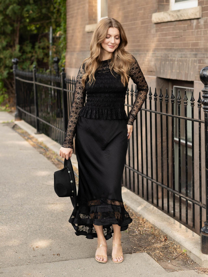 Round Neck Smocked Bodice Long Sleeve Lace Top