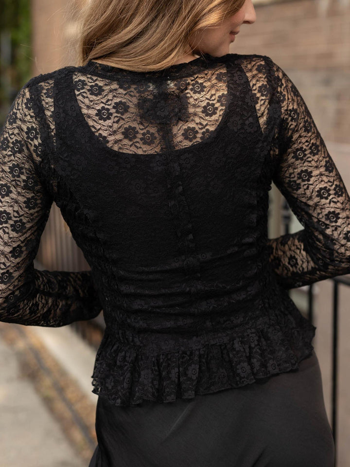 Round Neck Smocked Bodice Long Sleeve Lace Top