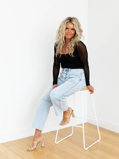 sheer mesh black square neck top