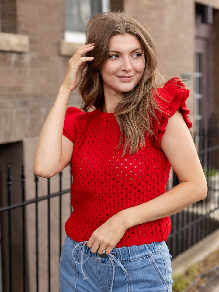 Ruffle Sleeve Open Knit Top