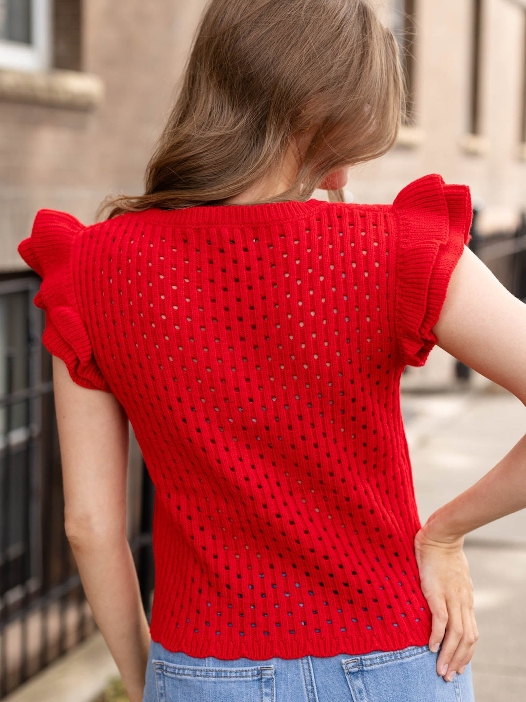 Ruffle Sleeve Open Knit Top