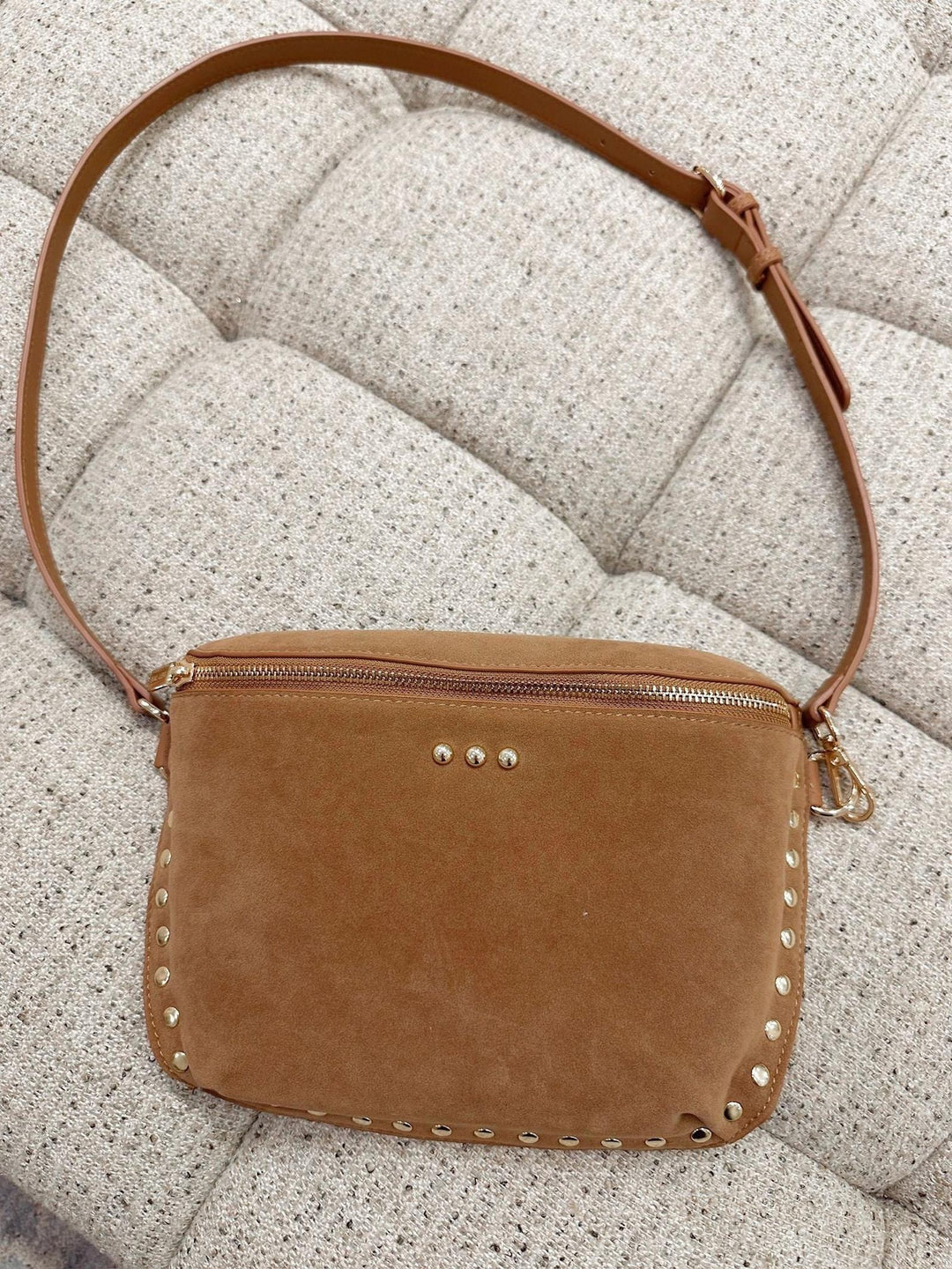 rich camel suede studded bag