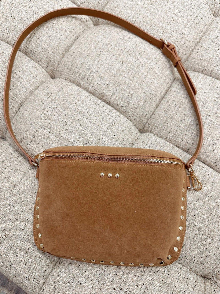 rich camel suede studded bag