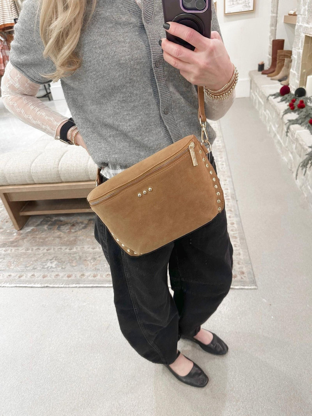 rich camel suede studded bag