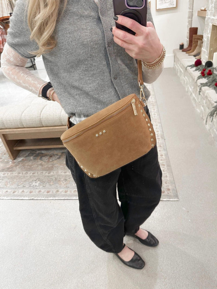 rich camel suede studded bag