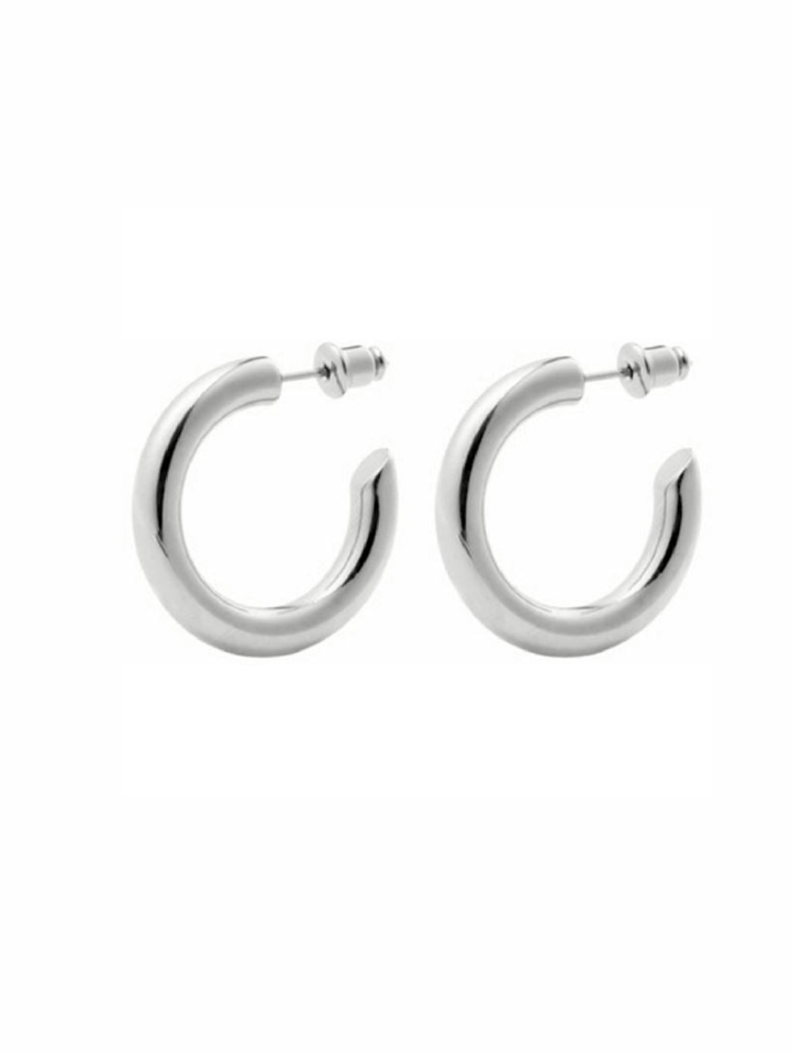 Pair of silver hoop earrings on a white background
