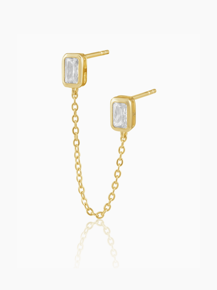 Gold chain earrings with rectangular gemstones on a white background