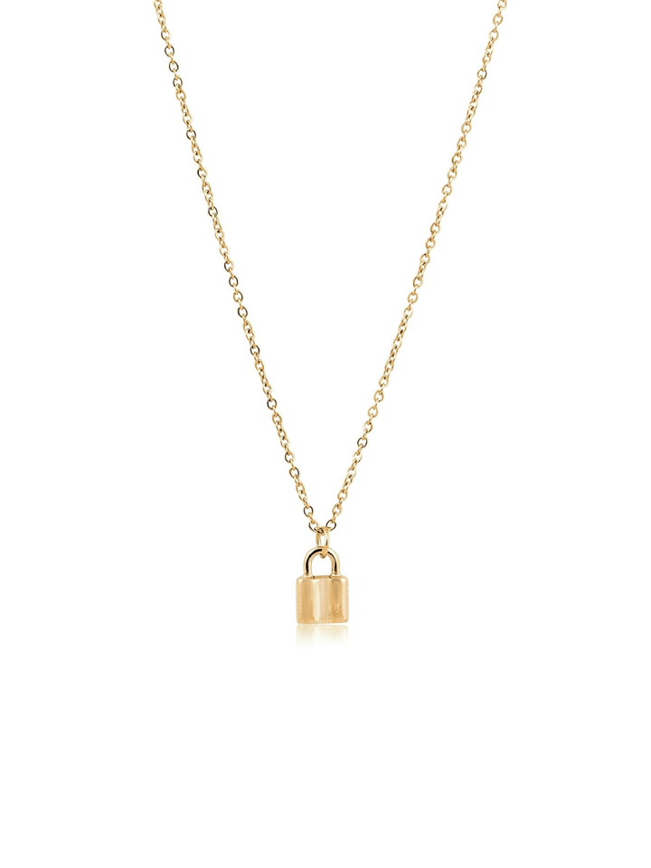 Gold necklace with a lock pendant on a white background