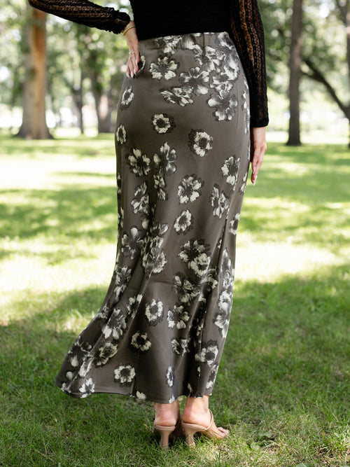 grey floral satin maxi skirt