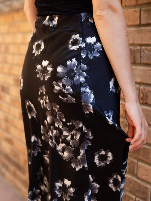 black satin floral skirt