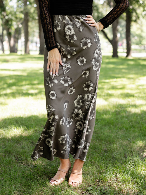grey floral satin maxi skirt