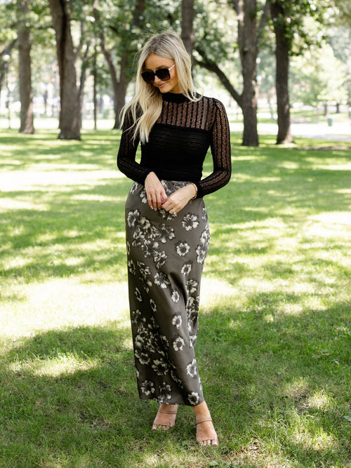 grey floral satin maxi skirt