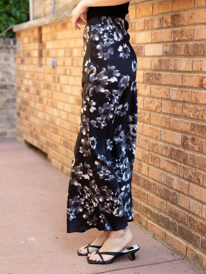 black satin floral skirt