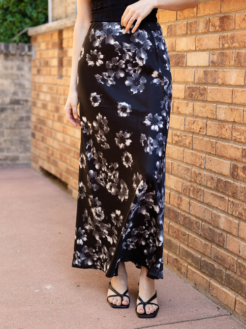black satin floral skirt