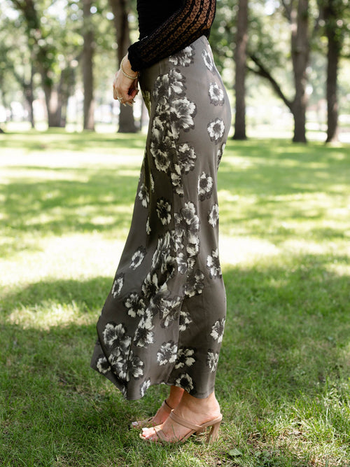 grey floral satin maxi skirt