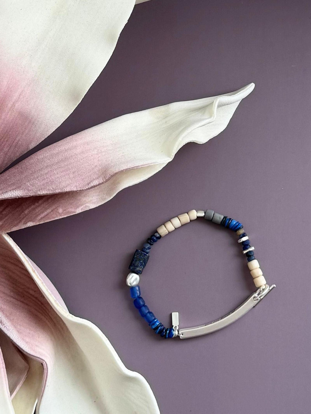 blue and neutral beaded bracelet