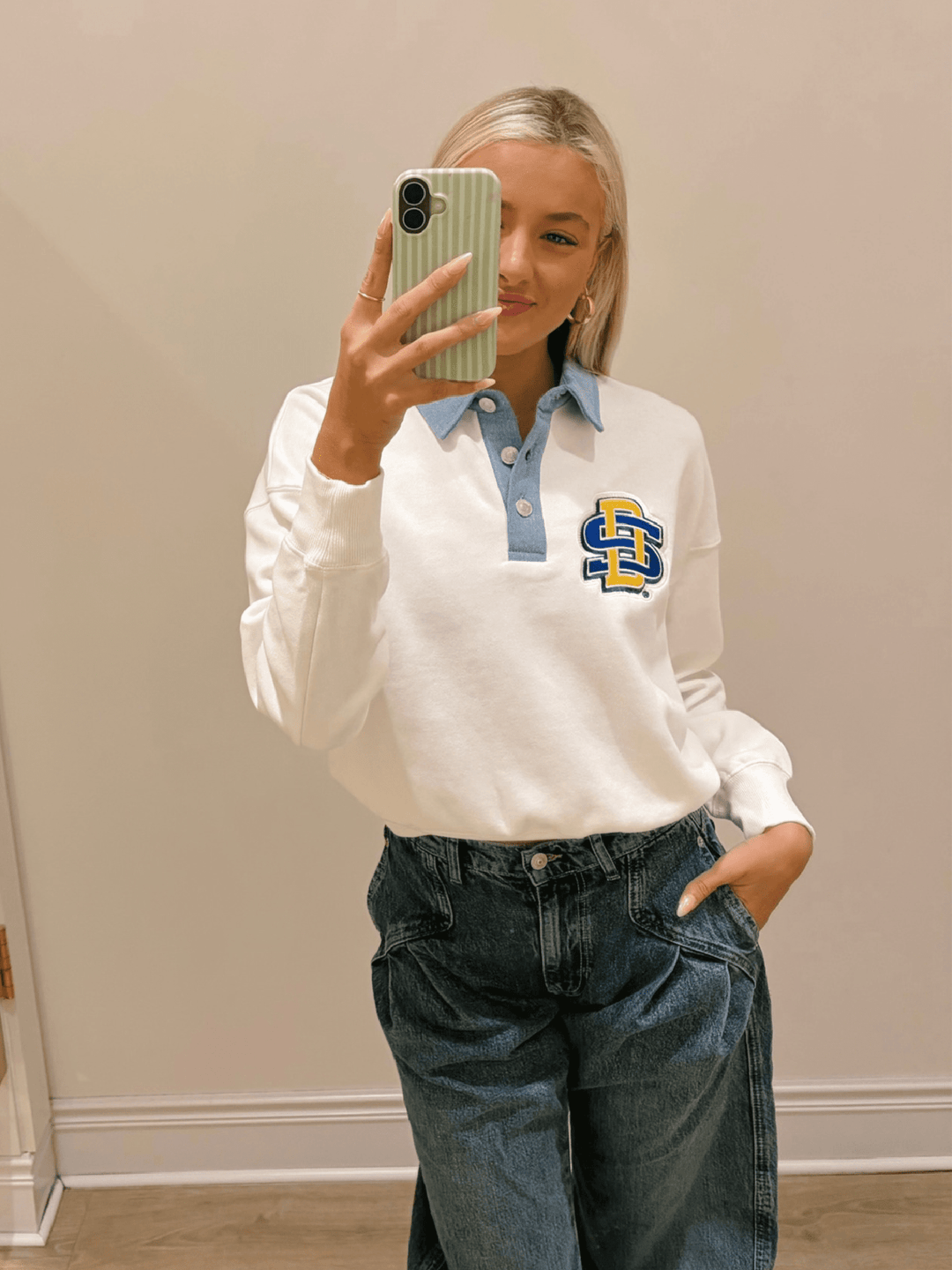 SD State Oversized Logo Patch Denim Collar Crew
