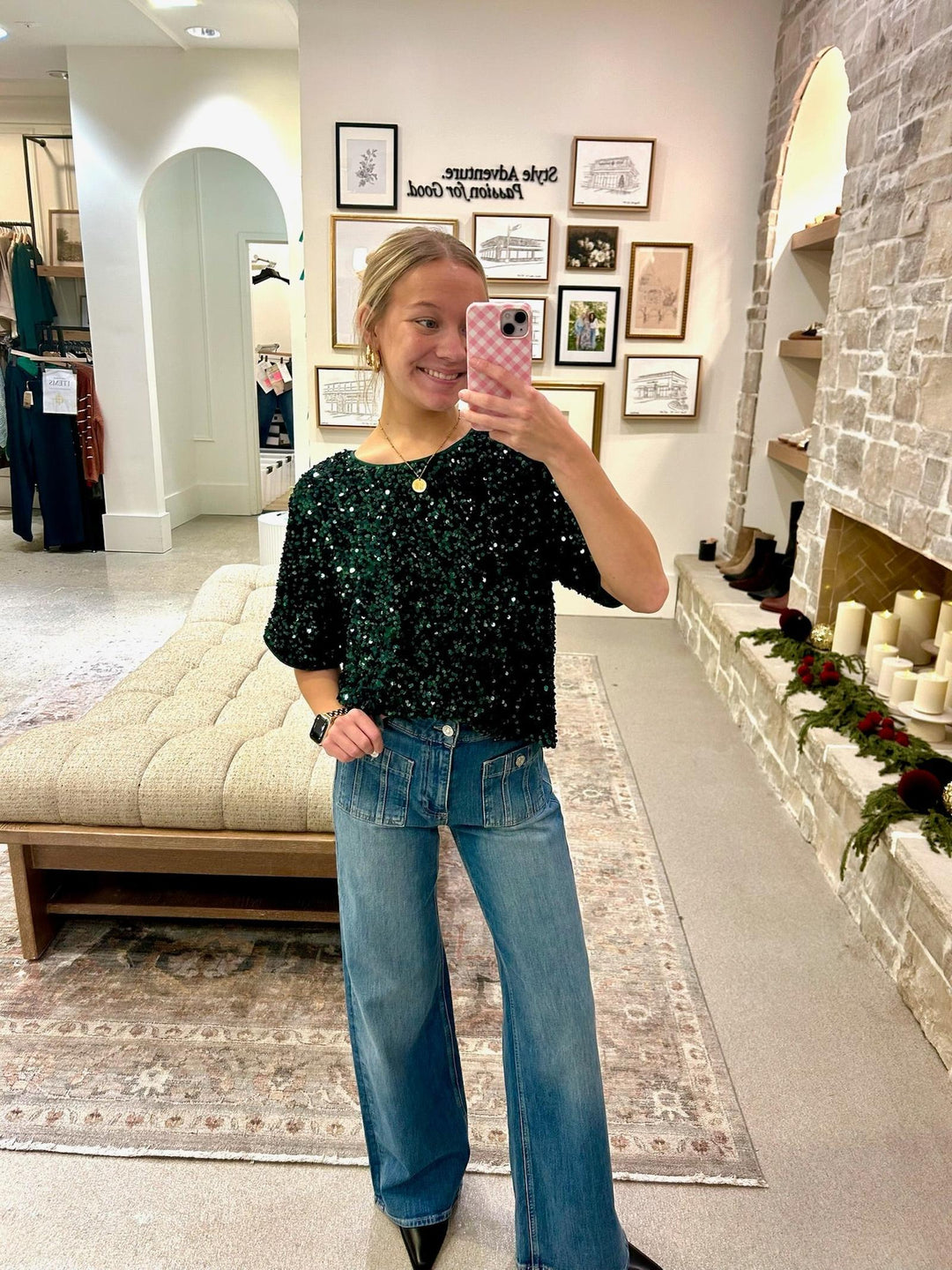 green sequin short sleeve top