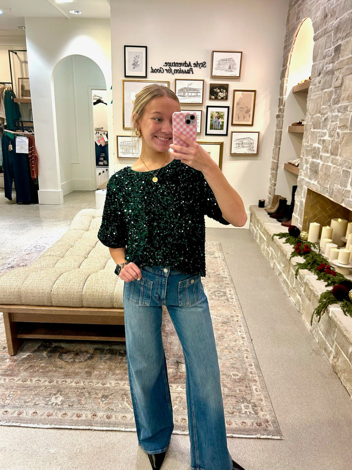 green sequin short sleeve top