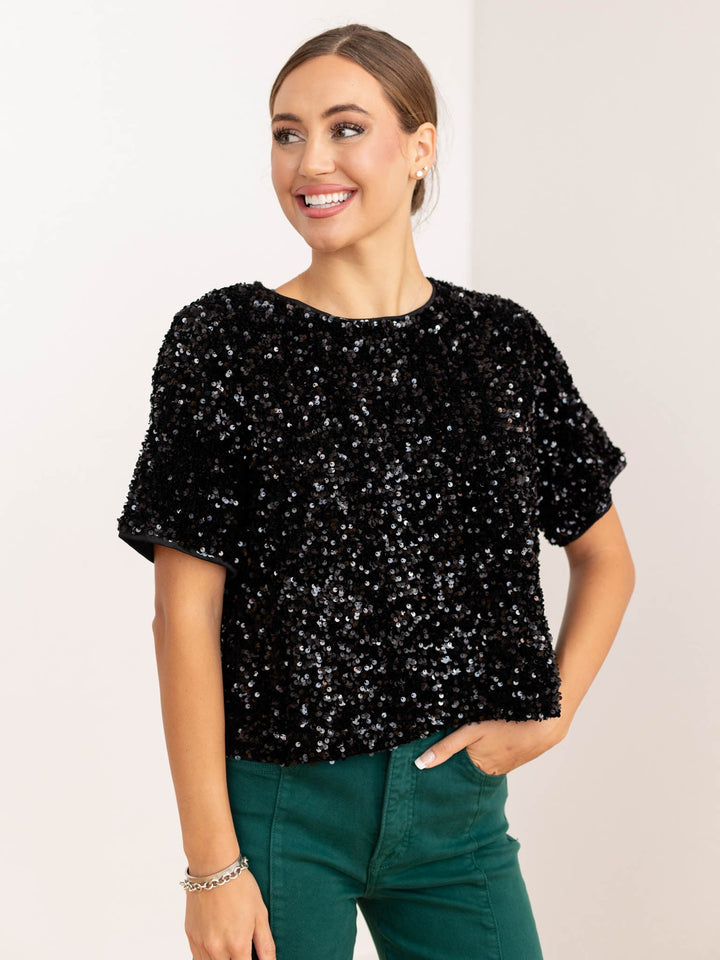black sequin boxy tee