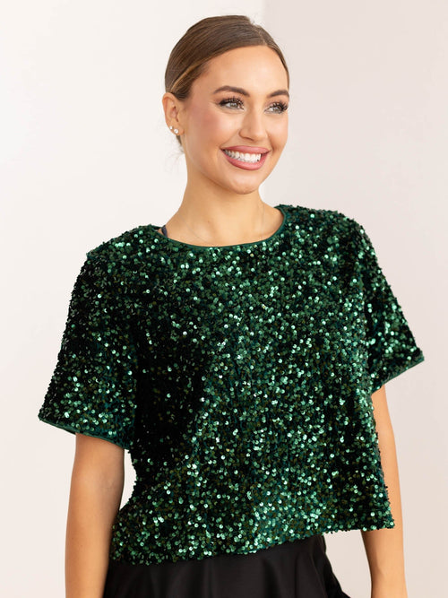 jewel green sequin boxy top
