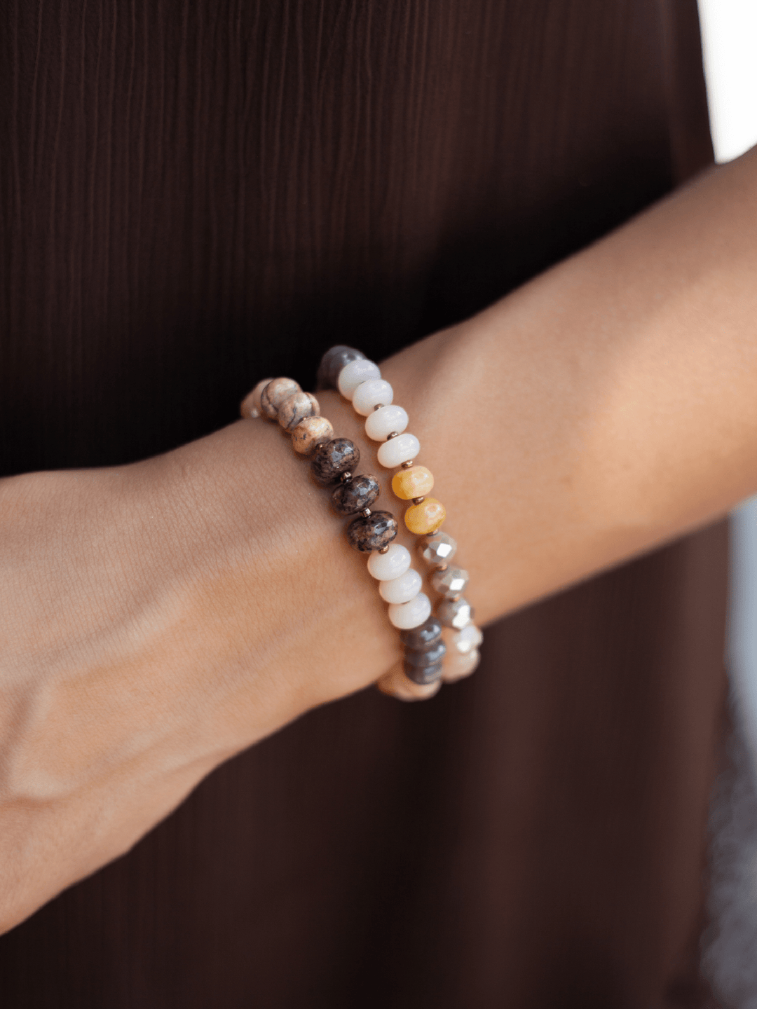 Set of 2 Neutral Beaded Stretch Bracelets