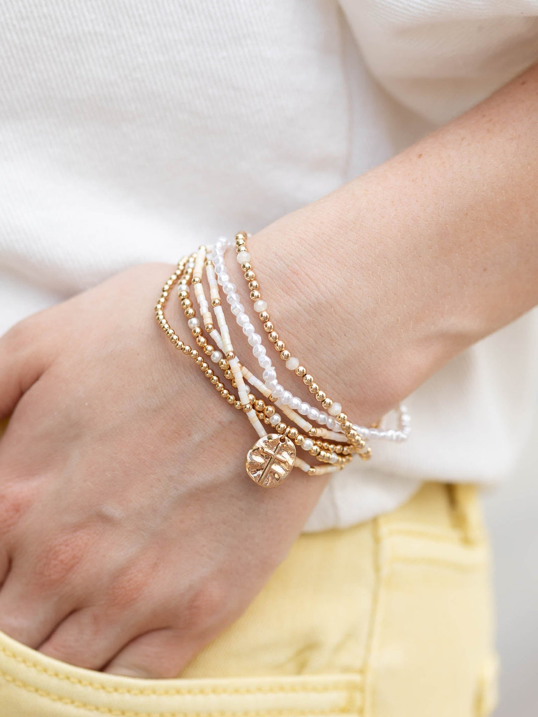 Natural bead pearl gold cross bracelets